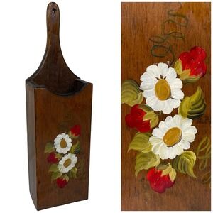 Vtg Wood Wall Utensil Holder Hand Painted Daisies Strawberries Rustic Farmhouse